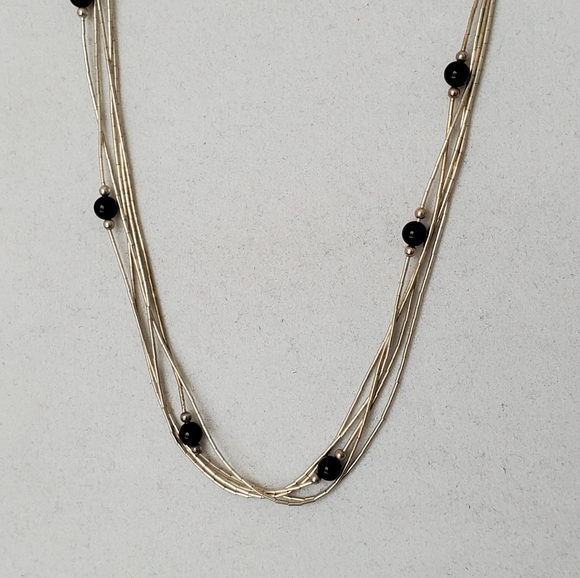 Liquid Silver Onyx Beads Necklace Sterling 18" - Picture 13 of 16